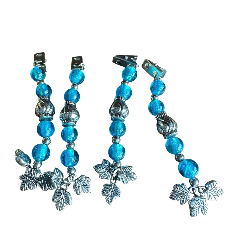 Tablecloth Weights Set 4 Teal Blue Glass‎ Silver Leaf Vintage Picnic Outdoor 5in
